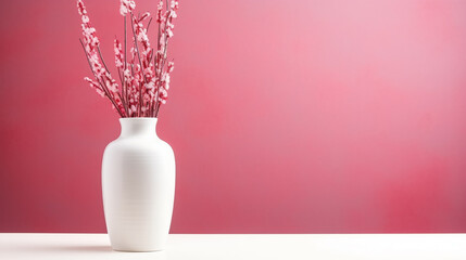 Verba, willow fur seals in a vase on a pink wall background and on a white shelf. Home light decor. Valentine's Day, Easter, Mother's Day Background.