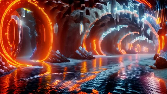Walls and floor of the tunnel are lit by orange light, forming a futuristic space characterized by consecutive rings.
