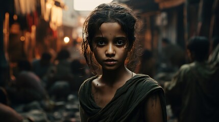 front view of a girl, in the area of slum - obrazy, fototapety, plakaty