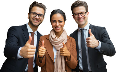 Three happy business people, two men and one woman, give a thumbs up
