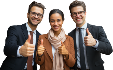 Three happy business people, two men and one woman, give a thumbs up