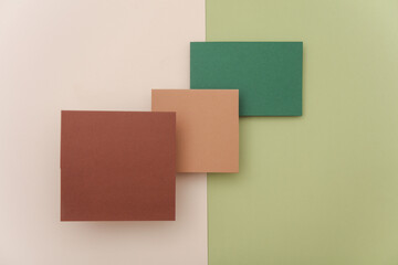 Group of floating colored blank cards sheet with shadow on beige green background. Minimalism business brand template, creative layout