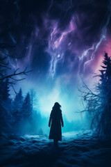 Fototapeta premium Woman in the forest with aurora borealis in the background.