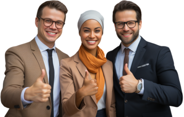 Three happy business people, two men and one woman, give a thumbs up