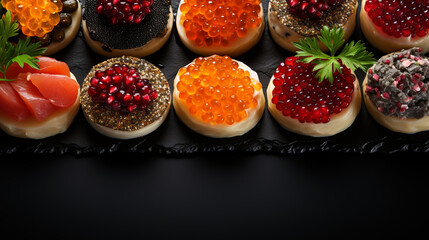 crackers with cream cheese red and black caviar, horizontal - obrazy, fototapety, plakaty
