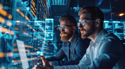 two handsome businessman working in the office superimposed over multiple lines of computer code - obrazy, fototapety, plakaty