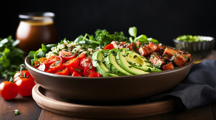 Avocado, tomato and cucumber salad with fresh herbs on dark stone background. Healthy summertime salad. Copy space