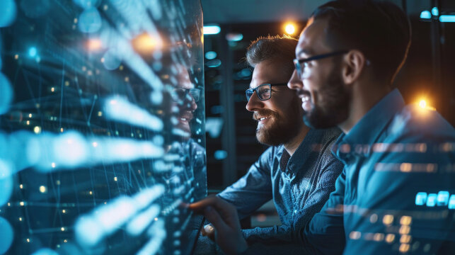 two handsome businessman working in the office superimposed over multiple lines of computer code