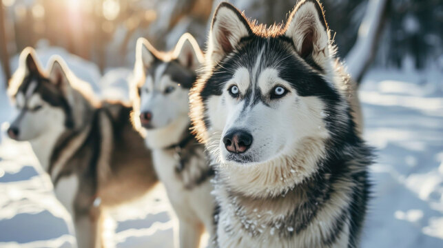 Close-up of a pack of Siberian Husky dogs
