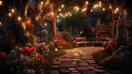 Fototapeta na wymiar garden decorated with fairy lights
