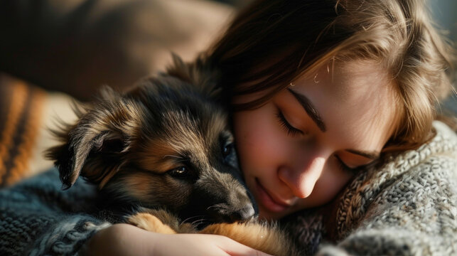 Beautiful young woman playing with a puppy