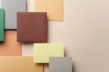 Group of colored blank cards sheet with shadow on beige background. Minimalism business brand...