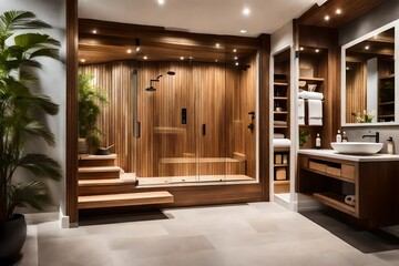 Natural Harmony: Modern Bathroom with Elegant Wooden Accents - Contemporary Design, Warm Tones, and Sustainable Style | Serene Retreat with Wooden Elements Blending Nature and Luxury | Aesthetic 