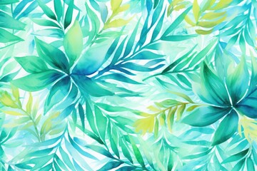 Fototapeta na wymiar Watercolor Tropical Leaves in Lush Shades of Blue and Green. Generative AI