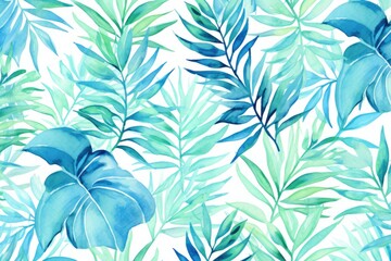 Watercolor Tropical Leaves in Lush Shades of Blue and Green. Generative AI"