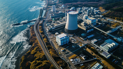 High angle view of nuclear power plant - obrazy, fototapety, plakaty