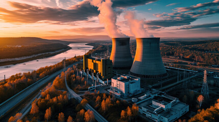 High angle view of nuclear power plant - obrazy, fototapety, plakaty