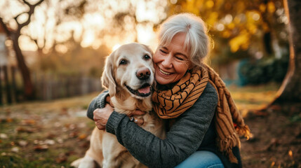 mature woman hugging her dog outside in her yard