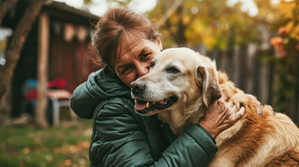 mature woman hugging her dog outside in her yard
