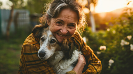 mature woman hugging her dog outside in her yard - obrazy, fototapety, plakaty