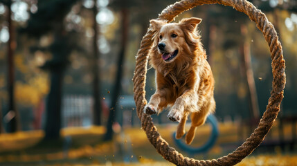 Training dogs to jump through hoops - obrazy, fototapety, plakaty