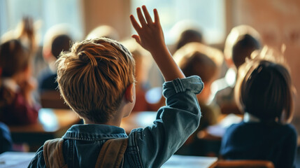 Rear view of boy with raised hand in class