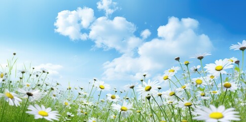 Sunny Meadow of White Daisies Under a Majestic Cloud-Filled Sky. Generative AI