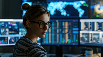 young woman programmer surrounded by computer monitors in the office for operation