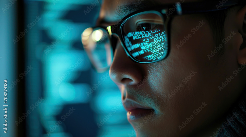 Wall mural asian programmer man and reflection in glasses focus and programming for cyber security