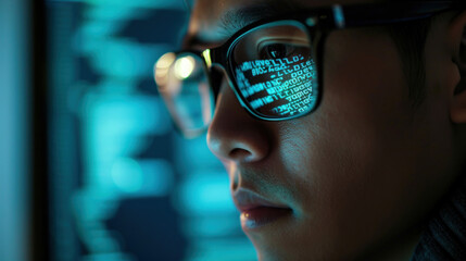 Asian programmer man and reflection in glasses focus and programming for cyber security
