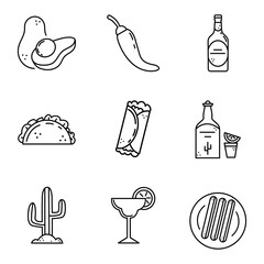 A set of line Mexican icons. Avocado, chili pepper, bottled beer, tequila, burrito, churros, taco, margarita glass, cactus images.