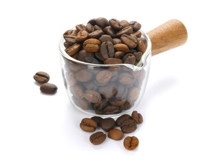 Coffee beans in small cup isolated on white background. Coffee concept.