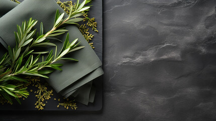 Folded black napkins on black stone background with green leaves. Eco friendly Mock up for display or montage of dishes, food or washing detergent. - obrazy, fototapety, plakaty