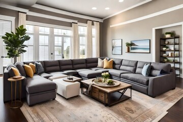 Sophisticated Serenity: Living Room Interior with Elegant Grey Sofas - Contemporary Design, Neutral Tones, and Timeless Comfort | Aesthetic and Inviting Space for Modern Living.