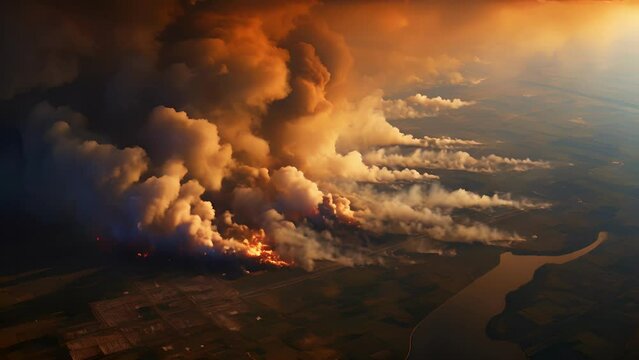 The billowing smoke and intense flames paint a hauntingly beautiful picture as the fire spreads relentlessly through the aerial view.