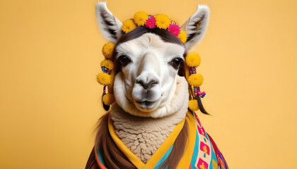 Naklejka premium Lama dressed in hippy clothes on yellow background. Humanization of animals concept