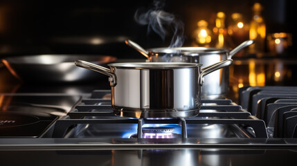 pot on gas stove, stainless pan on the hob, cooking on a gas stove, the cost of gas in Europe