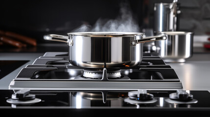 pot on gas stove, stainless pan on the hob, cooking on a gas stove, the cost of gas in Europe