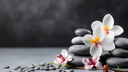 Spa stones and frangipani flowers on dark background.
