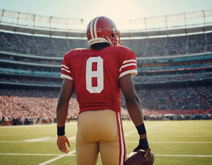 Fototapeta premium Rear view of American football player standing against stadium