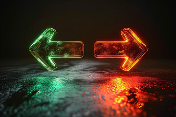 Green and red neon arrows facing each other on a reflective surface - obrazy, fototapety, plakaty