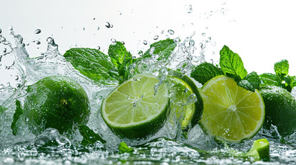 Mojito cocktail with lime, mint and ice on white background