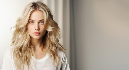 Fototapeta premium Young blonde women in white t-shirt at gray background