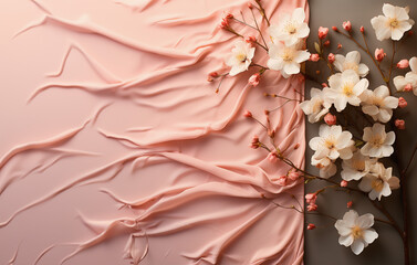 Pink draped fabric and cherry blossom branches, springtime background