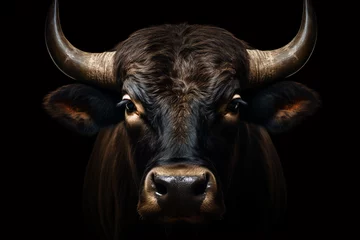 Foto op Plexiglas Close-up of a black bull with horns against a dark background © youriy