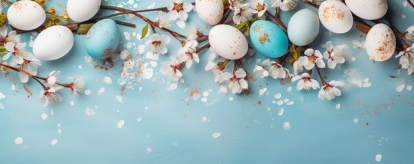 Frame with white and blue speckled easter eggs and cherry blossoms on light blue background. Happy...