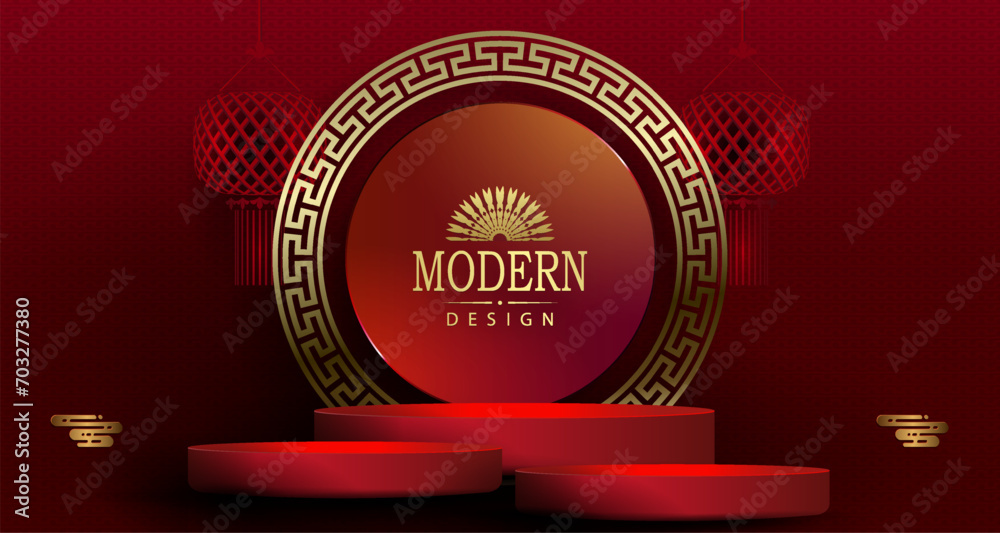 Wall mural chinese new year. red texture illustration with a stage and a round isolated frame with a pattern.