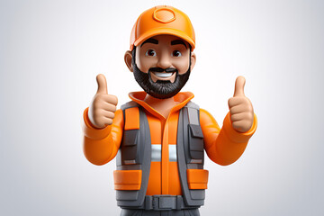 3D illustration of happy worker in orange safety gear showing thumbs up with both hands