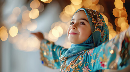 Portrait of a smiling Islamic girl enjoying wearing new blue holiday headscarf. Ramadan, eid, child happy girl in new clothes. - obrazy, fototapety, plakaty