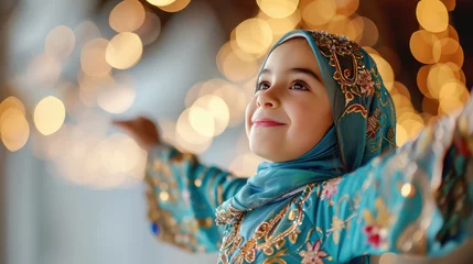 Foto op Plexiglas Portrait of a smiling Islamic girl enjoying wearing new blue holiday headscarf. Ramadan, eid, child happy girl in new clothes. © SnowElf